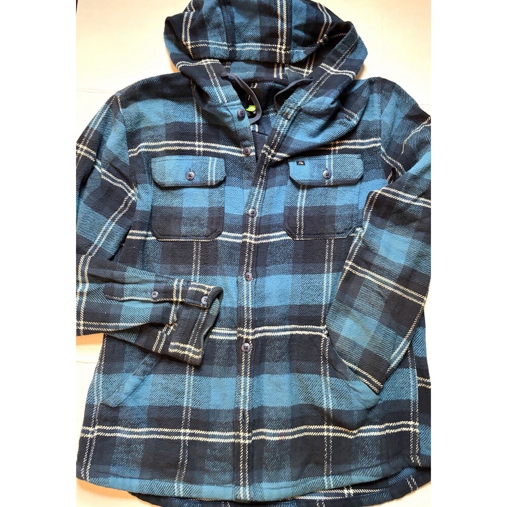 Quiksilver Men’s Large Hooded Flannel Shirt Jacket Blue Black Plaid Shacket